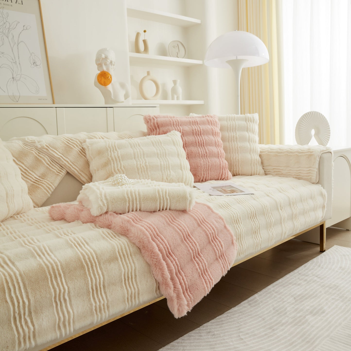 Soft Thick Faux Fur Sofa Cover Stripe Fluffy Fuzzy Non-Slip Washable Couch Covers adorning a stylish living room.