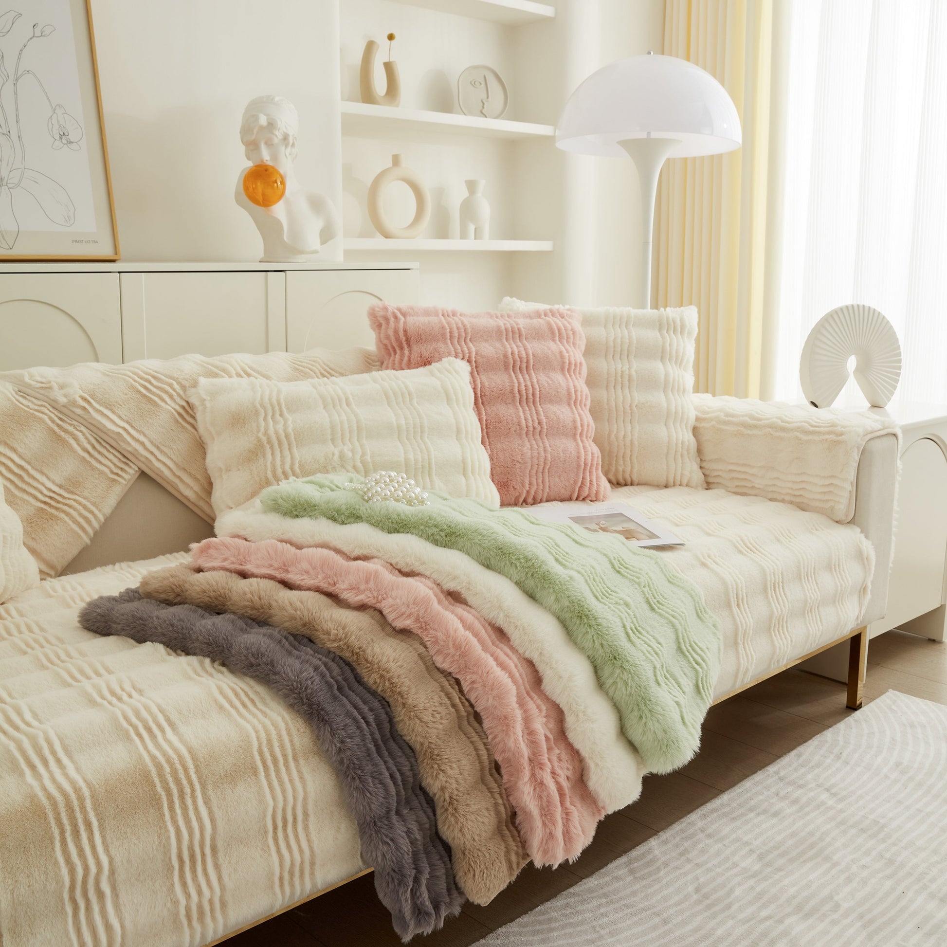 Soft Thick Faux Fur Sofa Cover Stripe Fluffy Fuzzy Non-Slip Washable Couch Covers on a stylish modern sofa