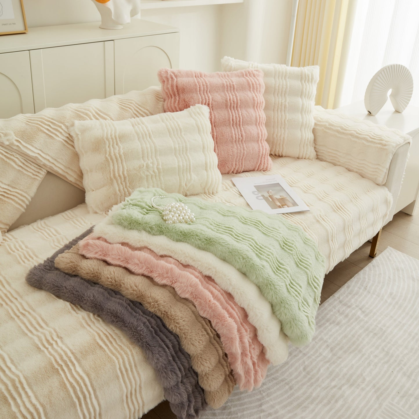 Soft Thick Faux Fur Sofa Cover Stripe Fluffy Fuzzy Non-Slip Washable Couch Covers on a stylish sofa with matching cushions