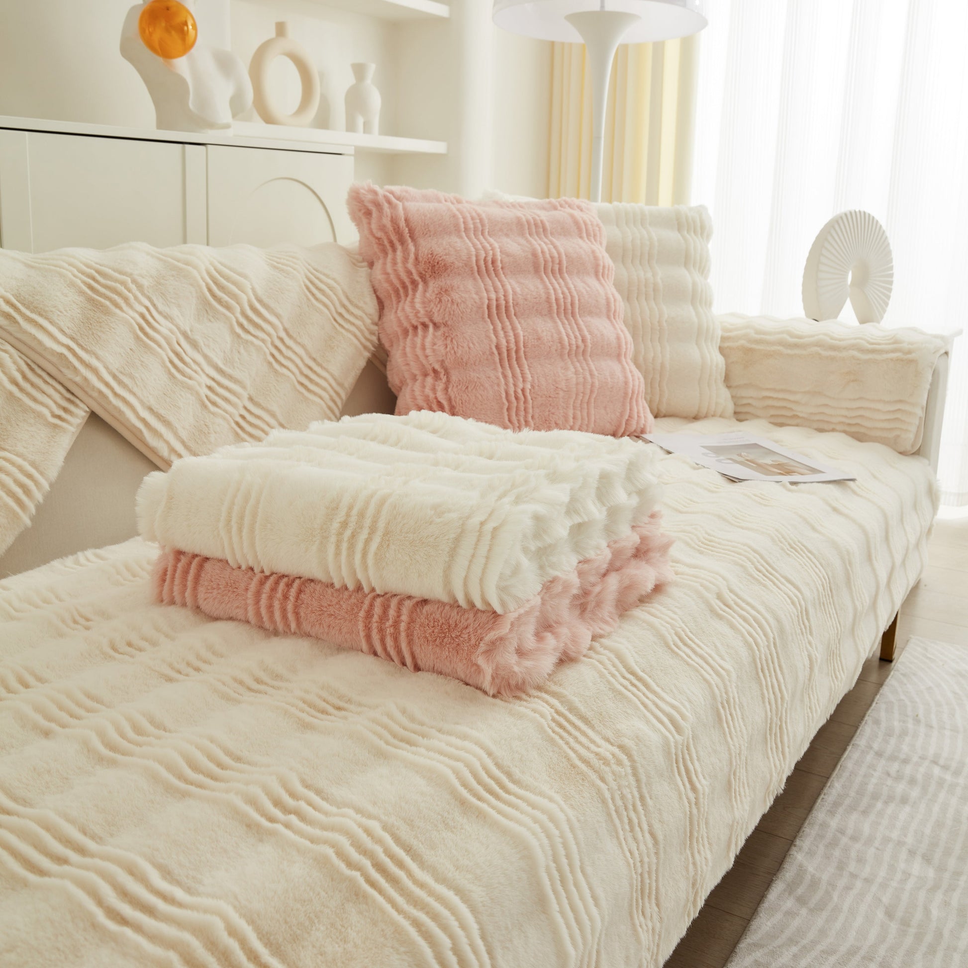 Soft Thick Faux Fur Sofa Cover Stripe Fluffy Fuzzy Non-Slip Washable Couch Covers on stylish living room sofa