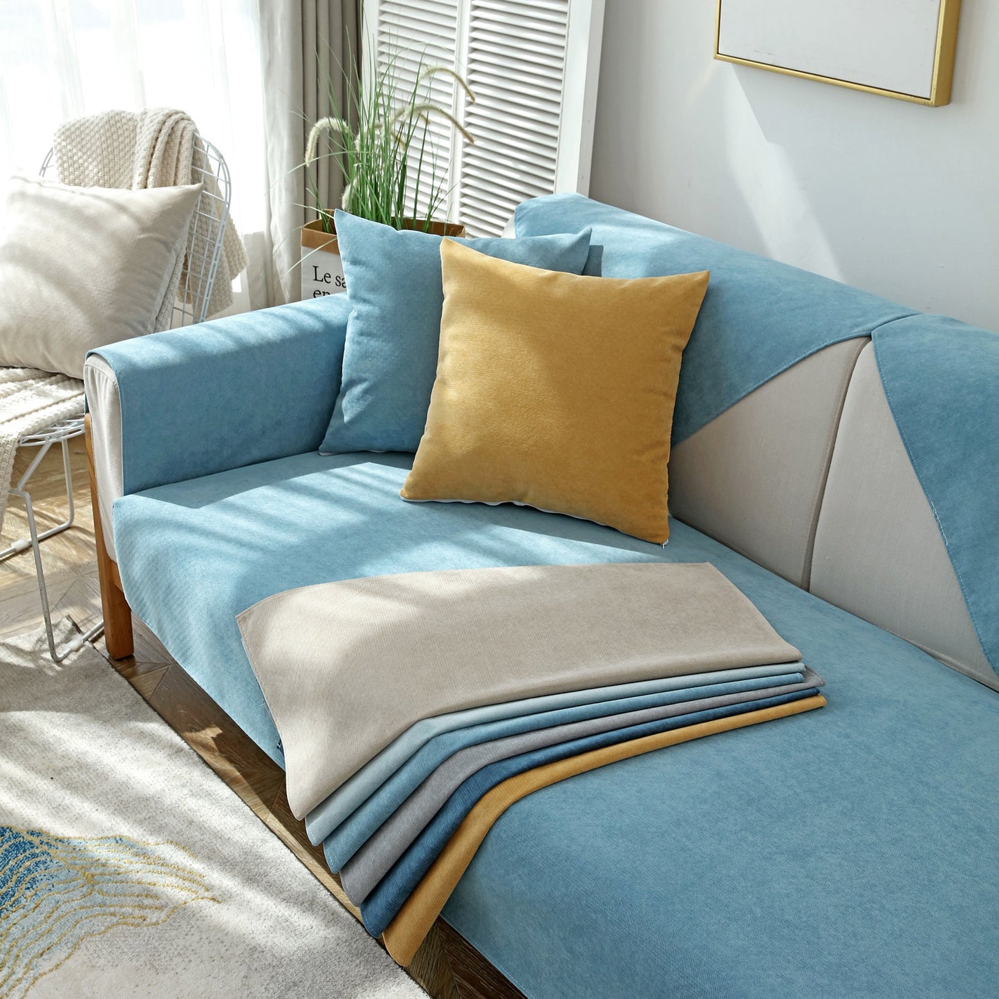 Waterproof Non-Slip Quilted Corduroy Sofa Covers for Pets, Sectional Couch Covers displayed on a light blue sofa with cushions.