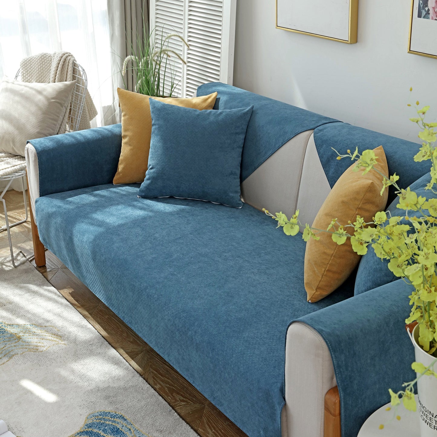 Waterproof Non-Slip Quilted Corduroy Sofa Covers for Pets on sectional couch in cozy living room setting.