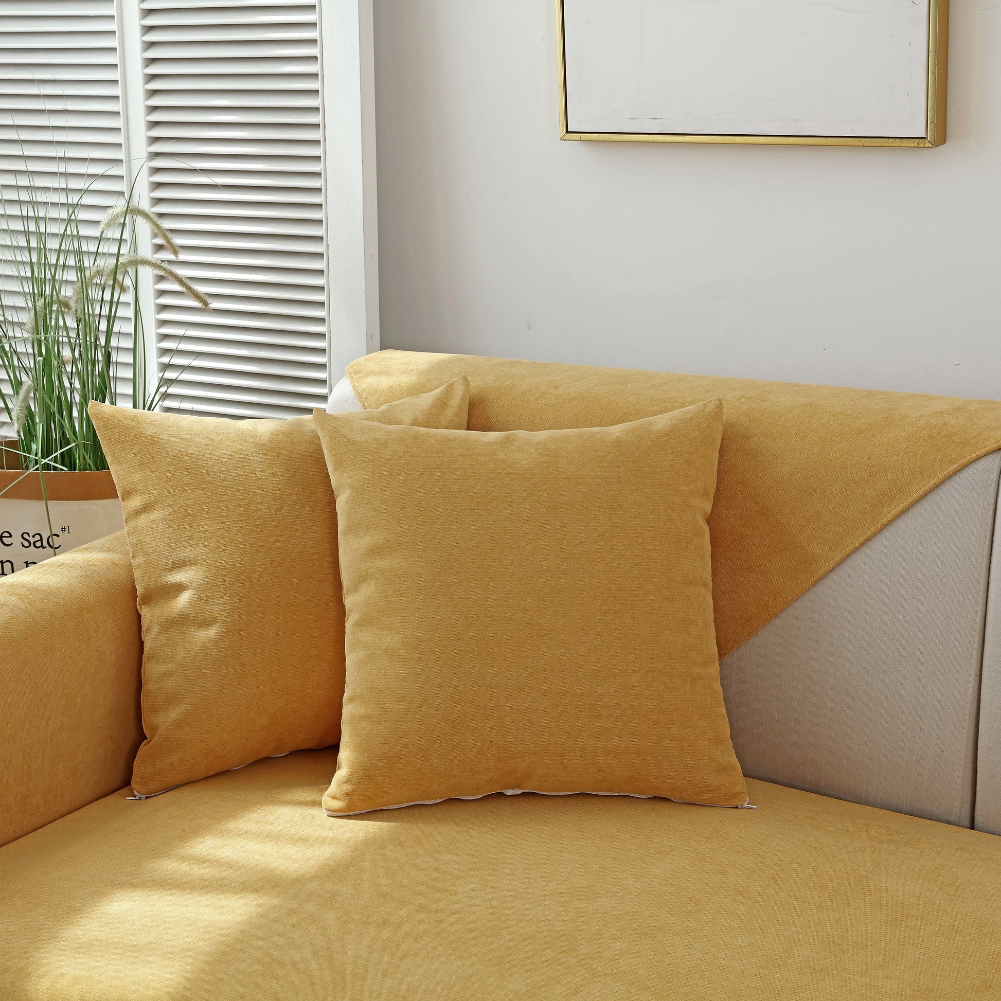 Yellow sofa with Waterproof Non-Slip Quilted Corduroy Sofa Covers for Pets, Sectional Couch Covers showing non-slip fit and design
