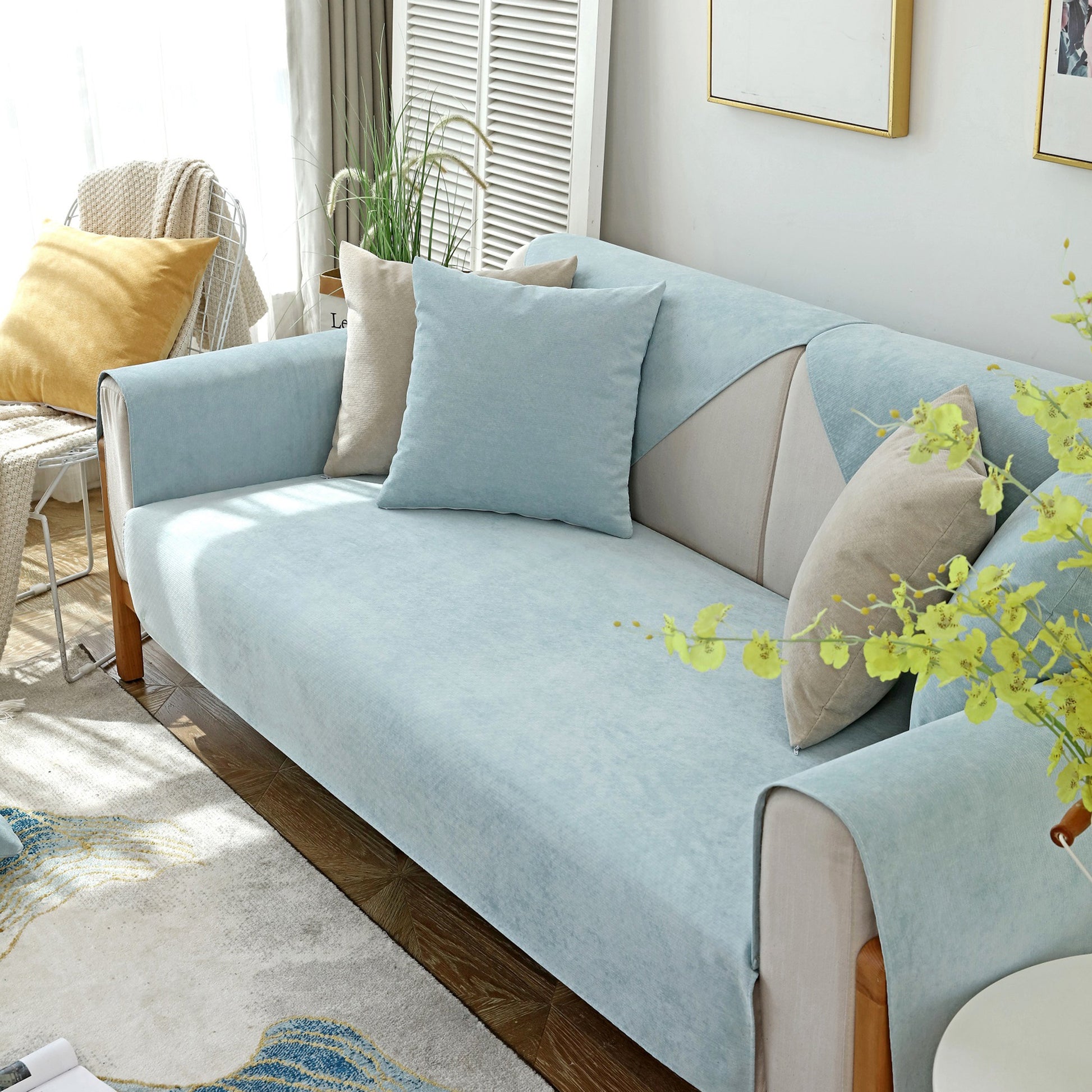 Waterproof Non-Slip Quilted Corduroy Sofa Covers for Pets, Sectional Couch Covers in a modern living room setting.
