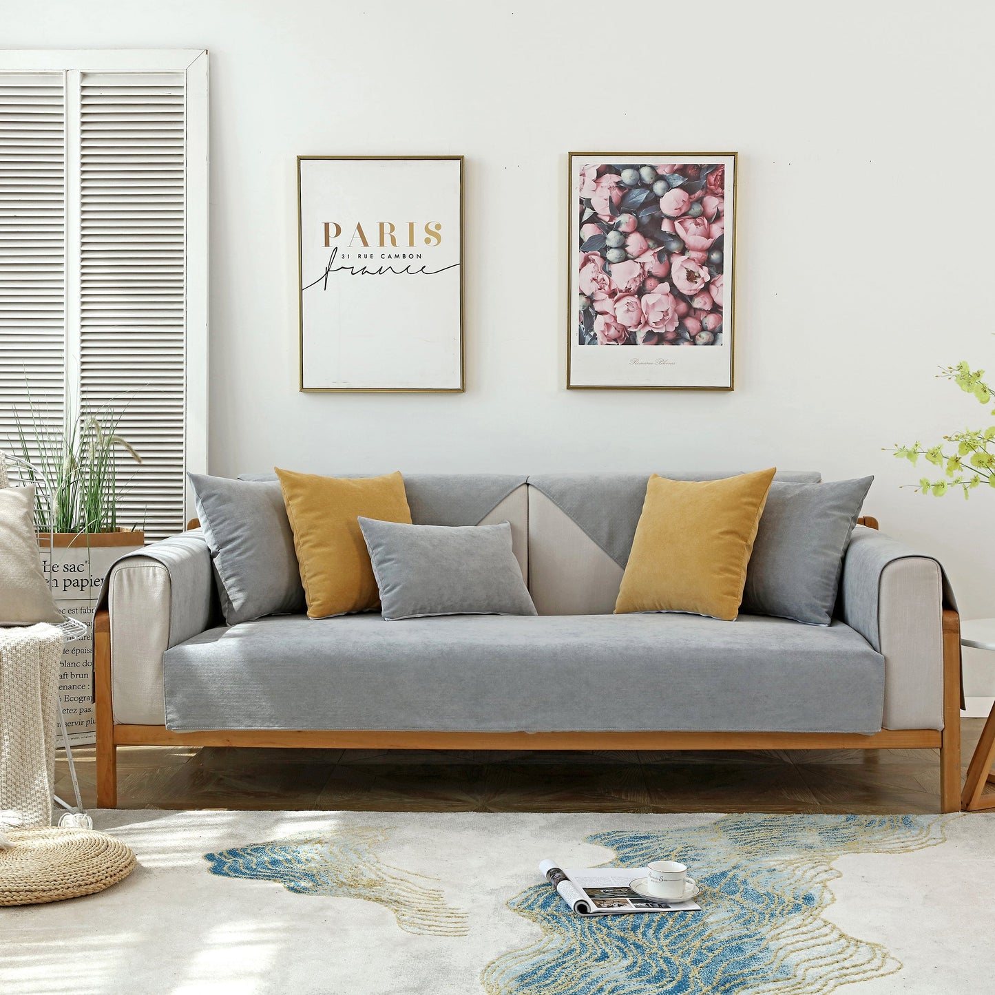 Waterproof Non-Slip Quilted Corduroy Sofa Covers for Pets on sectional couch in stylish living room