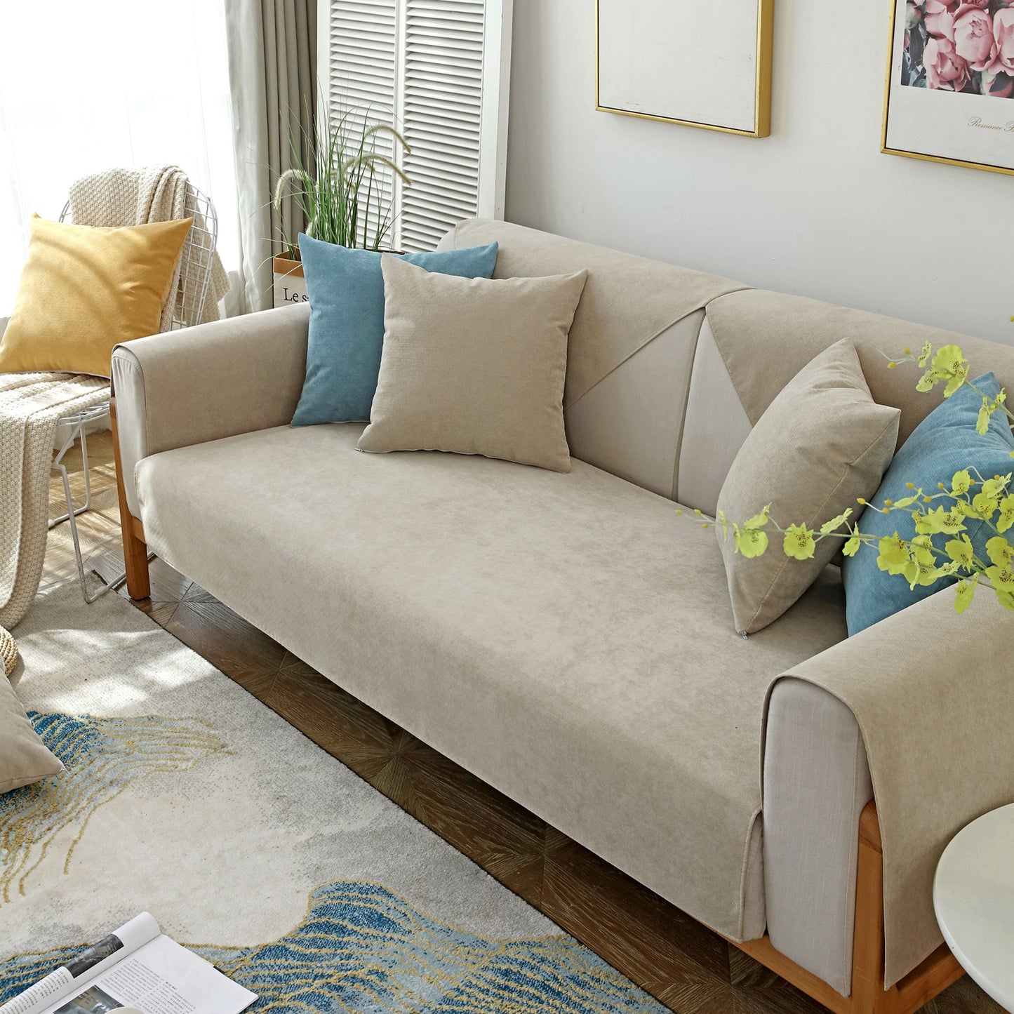 Neutral-toned Waterproof Non-Slip Quilted Corduroy Sofa Covers for Pets on a living room couch, featuring cozy cushions.