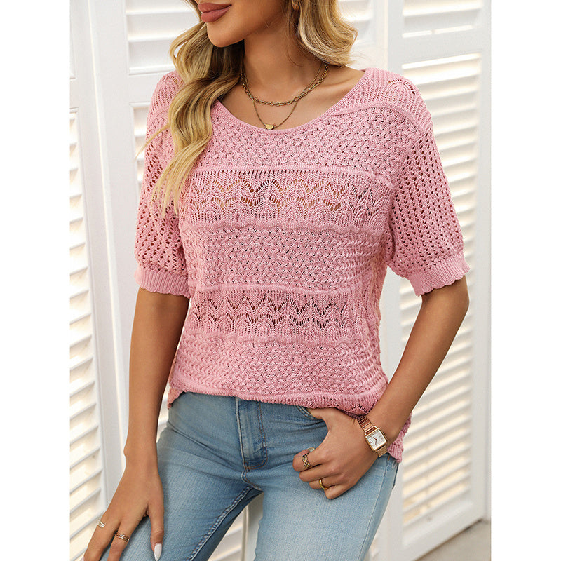 Women’s Short Sleeve Crochet Knit Hollow-Out Top