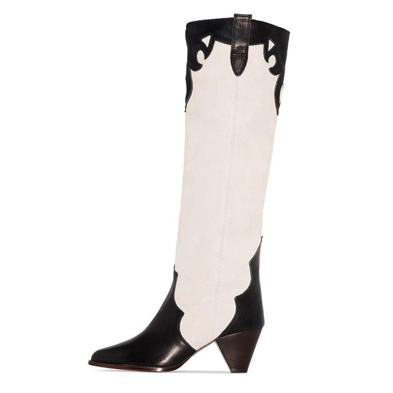Retro Country Knee High Cowgirl Boots | Luxury Suede Embroidered Cowgirl Boots with High Heel in black and white design.