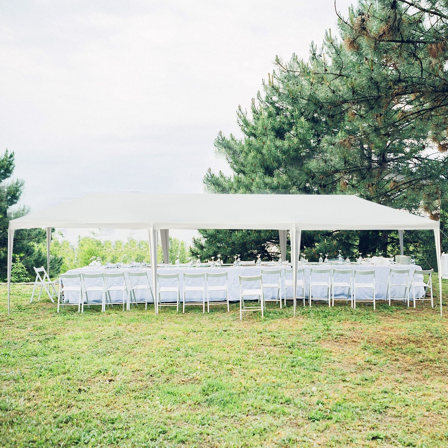 Spacious 10 x 30 Feet Canopy Tent with 5 Removable Sidewalls for Party Wedding set up in a grassy area