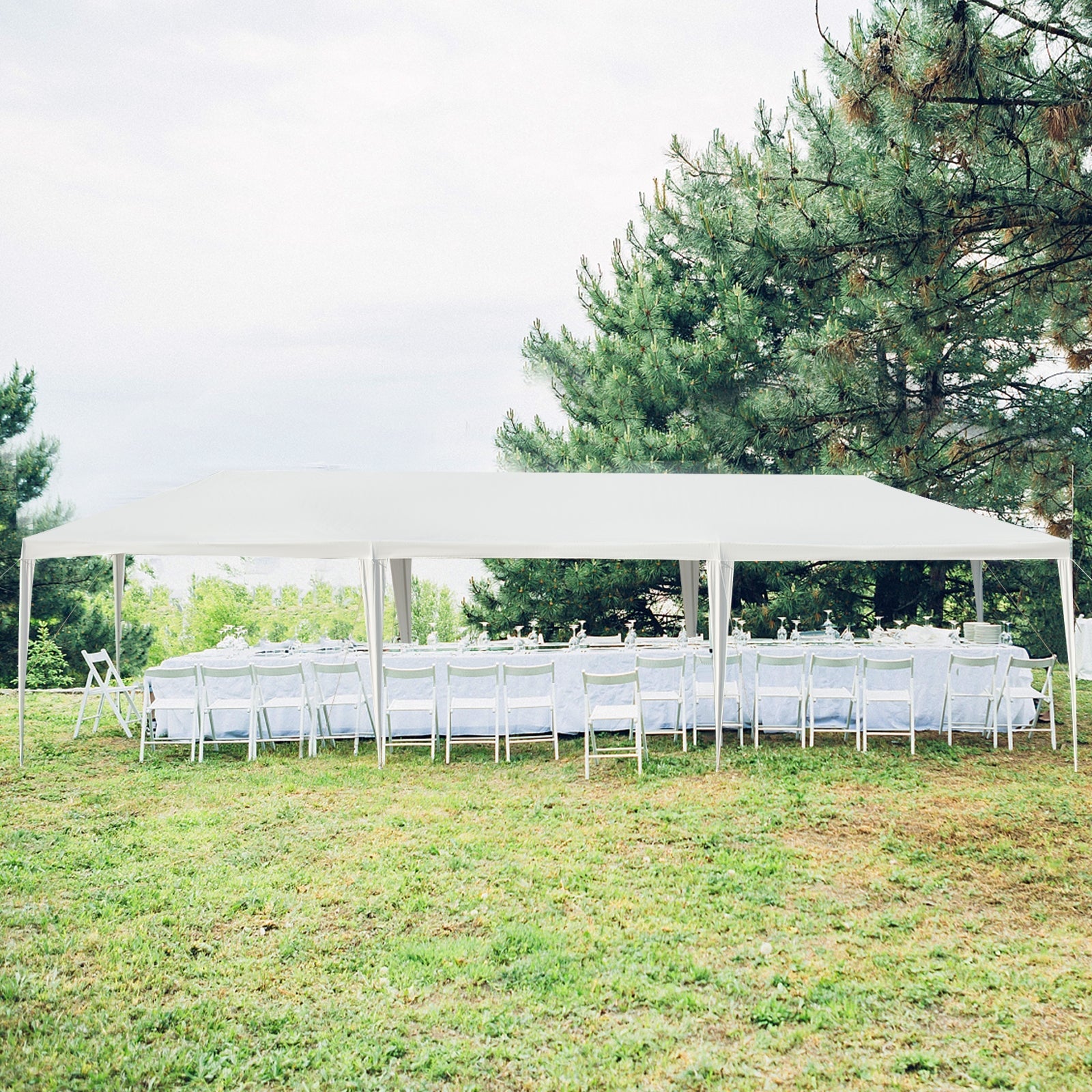 Spacious 10 x 30 Feet Canopy Tent with 5 Removable Sidewalls for Party Wedding set up in a grassy area