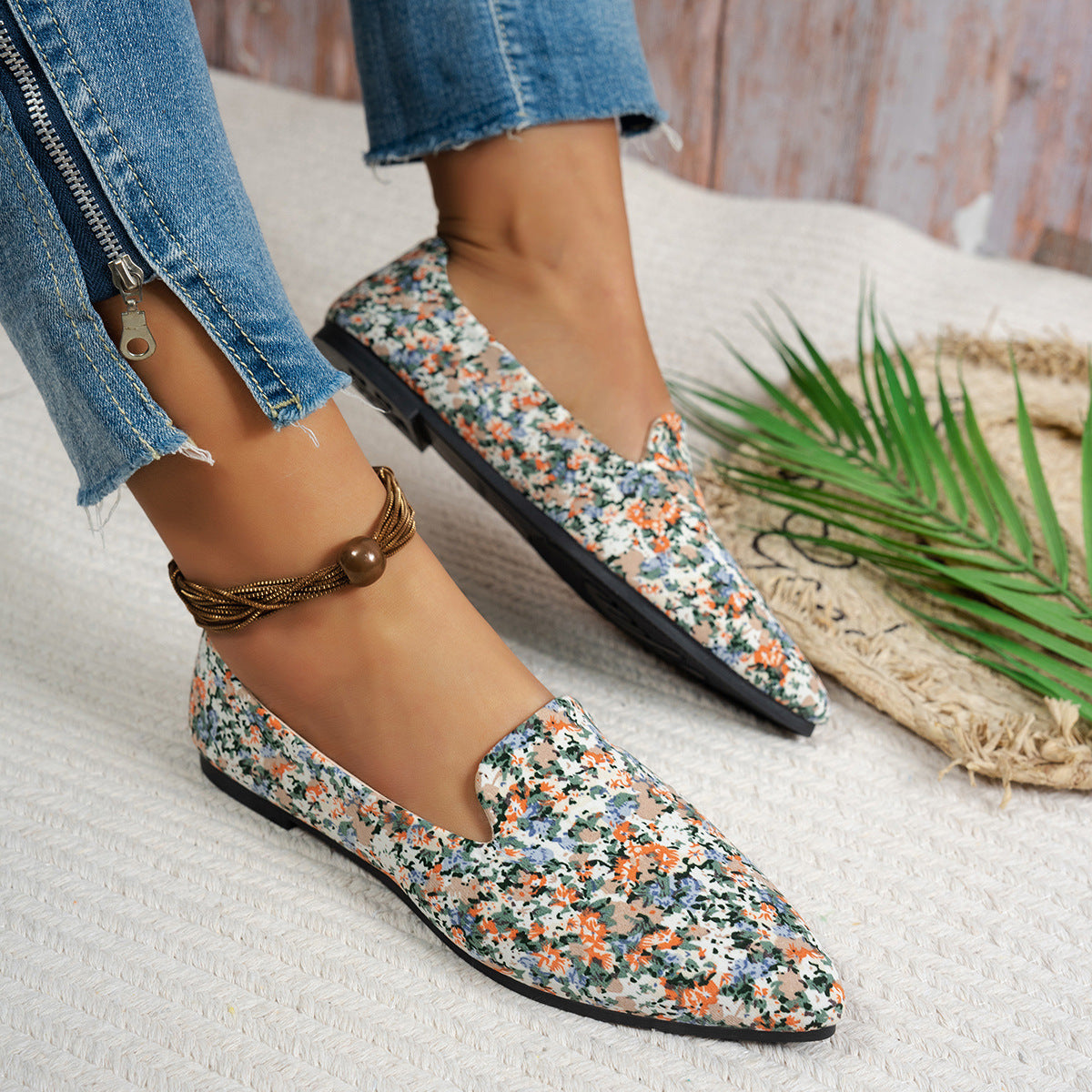 Women’s Flat Pointed-Toe Thin Shoes — Casual Everyday Flats with floral pattern on a white background