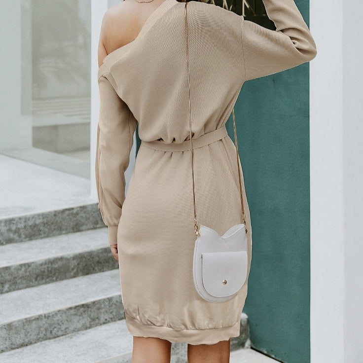Ladies' Casual Solid Color Sloping Shoulder Collar Fashionable Dress in polyester, lightweight, long sleeveless, spring summer style.