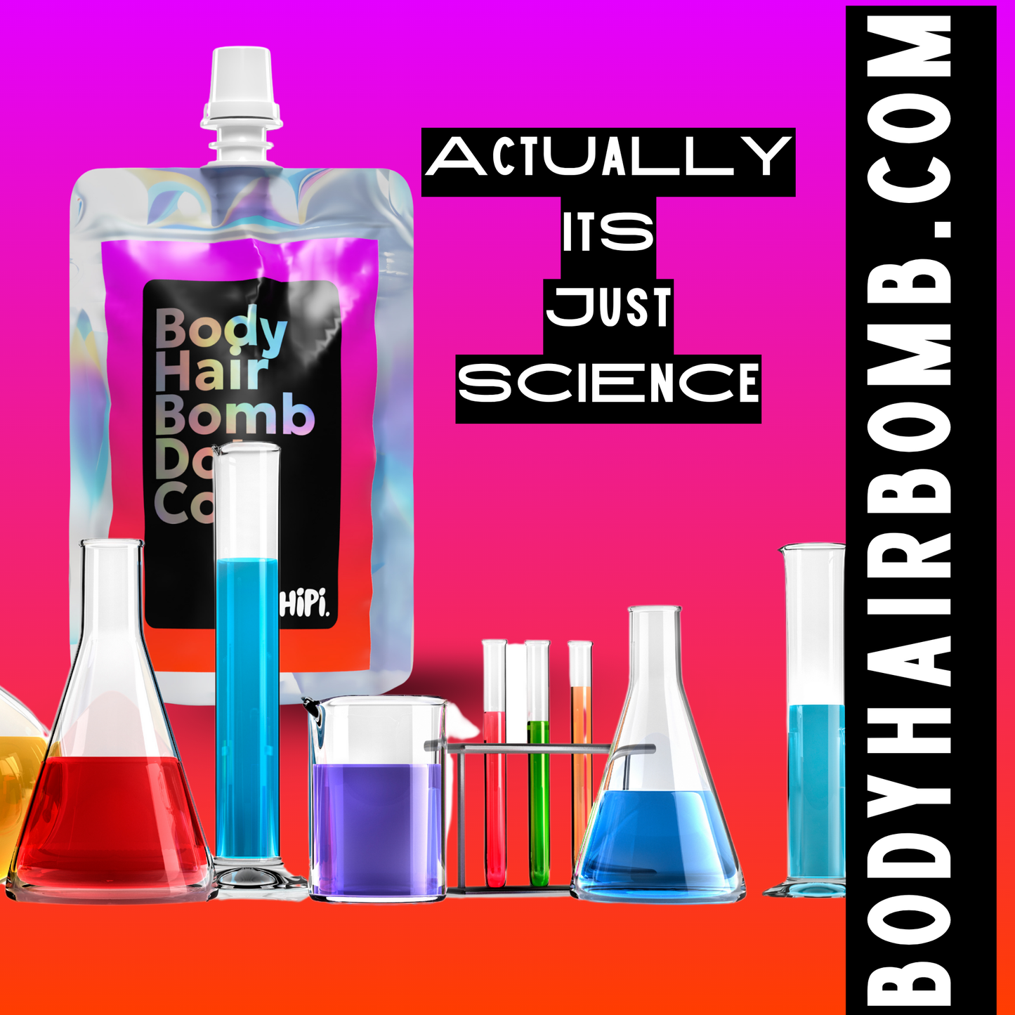 Body Hair Bomb Dot Com- Everything Cream pouch with colorful science beakers, highlighting its innovative plant-based formula.