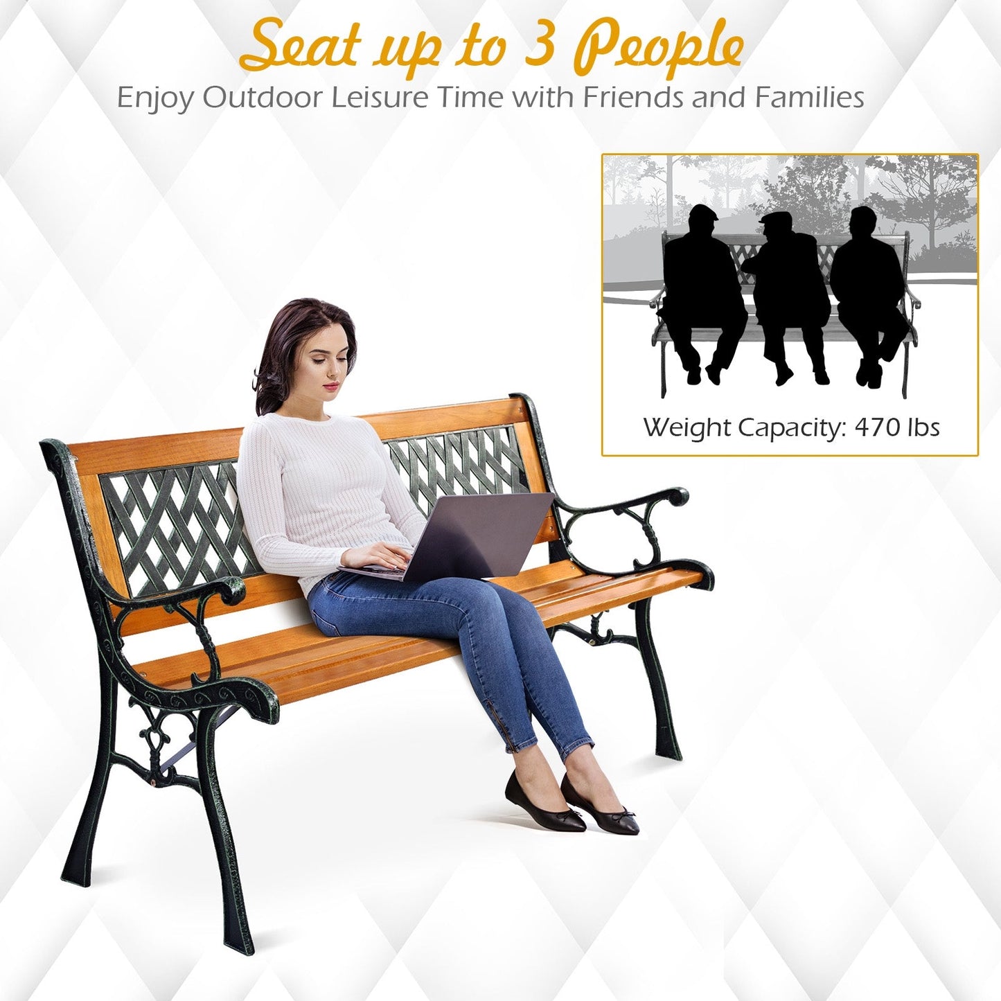 Outdoor Cast Iron Patio Bench seating up to 3 people, ideal for leisure time, with a weight capacity of 470 lbs, featuring a PVC backrest.