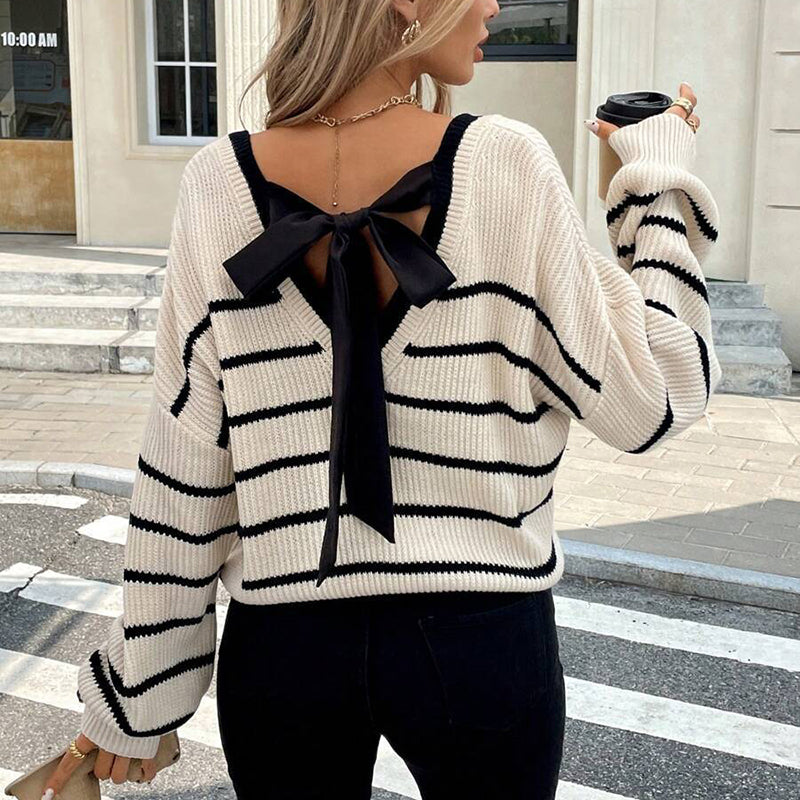 Women’s Striped V-Neck Sweater with Back Bow