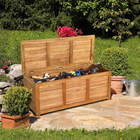 46 Gallon Acacia Wood Storage Bench Box for Patio Garden Deck with lid open showing gardening tools inside on a sunny day