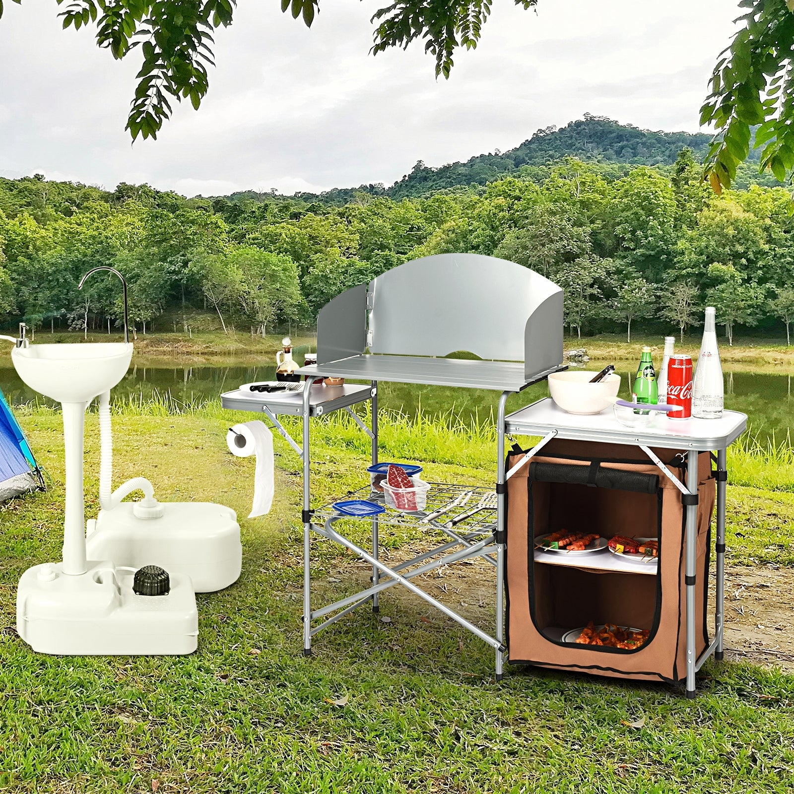 Foldable Outdoor BBQ Portable Grilling Table With Windscreen Bag in a camping setting