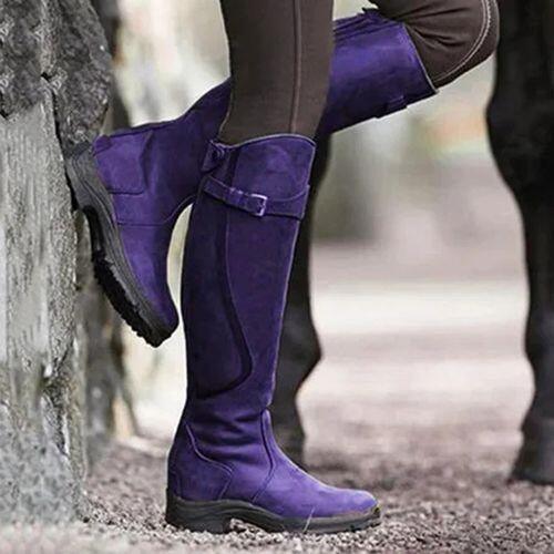 Vintage Ride Leather Boots - Stylish Retro Riding Boots for Trendy Women in vibrant purple on woman in equestrian attire