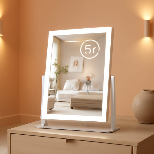 17In White Lighted Makeup Mirror 3 Color Lighting Modes And 5X Magnification with four-sided LED illumination on vanity table