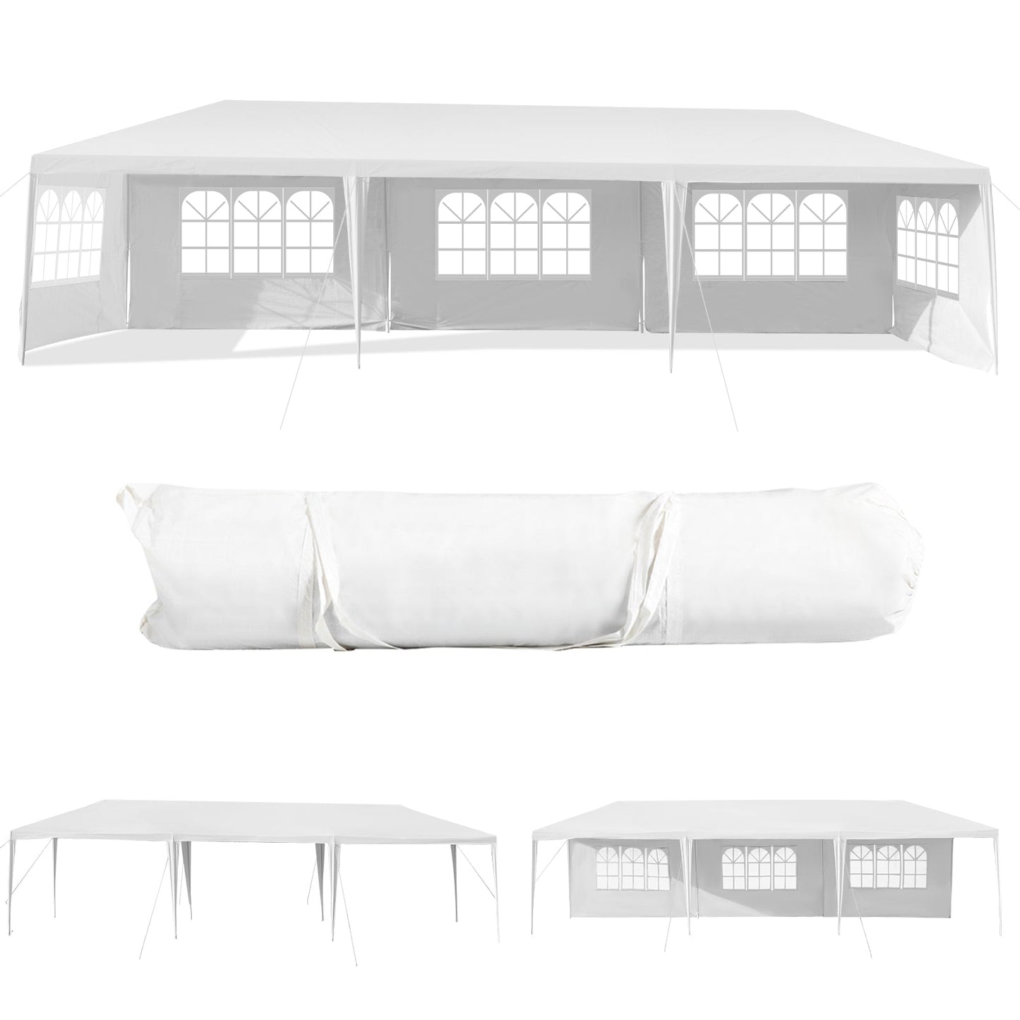 10 x 30 Feet Canopy Tent with 5 Removable Sidewalls for Party Wedding showcasing setup and storage view.