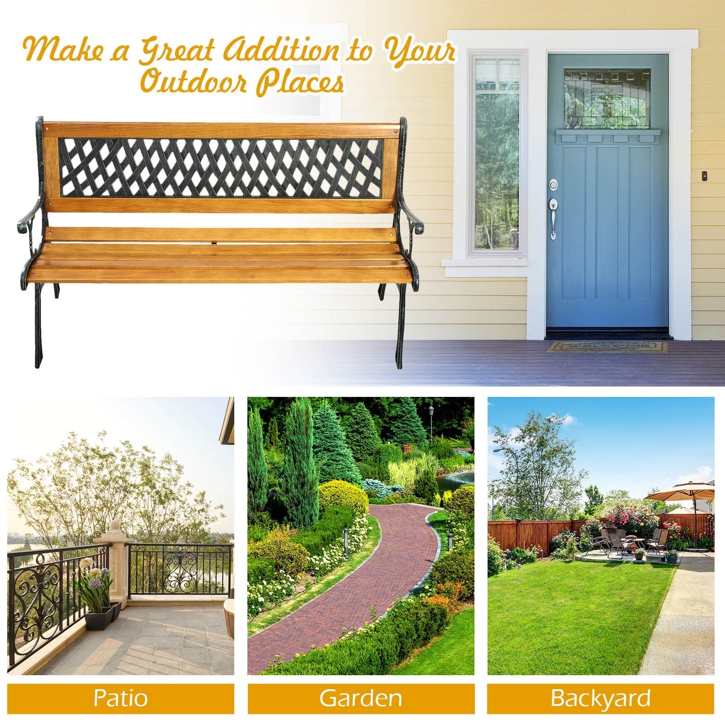 Outdoor Cast Iron Patio Bench with solid wood seat and PVC pattern, perfect for patio, garden, or backyard settings.