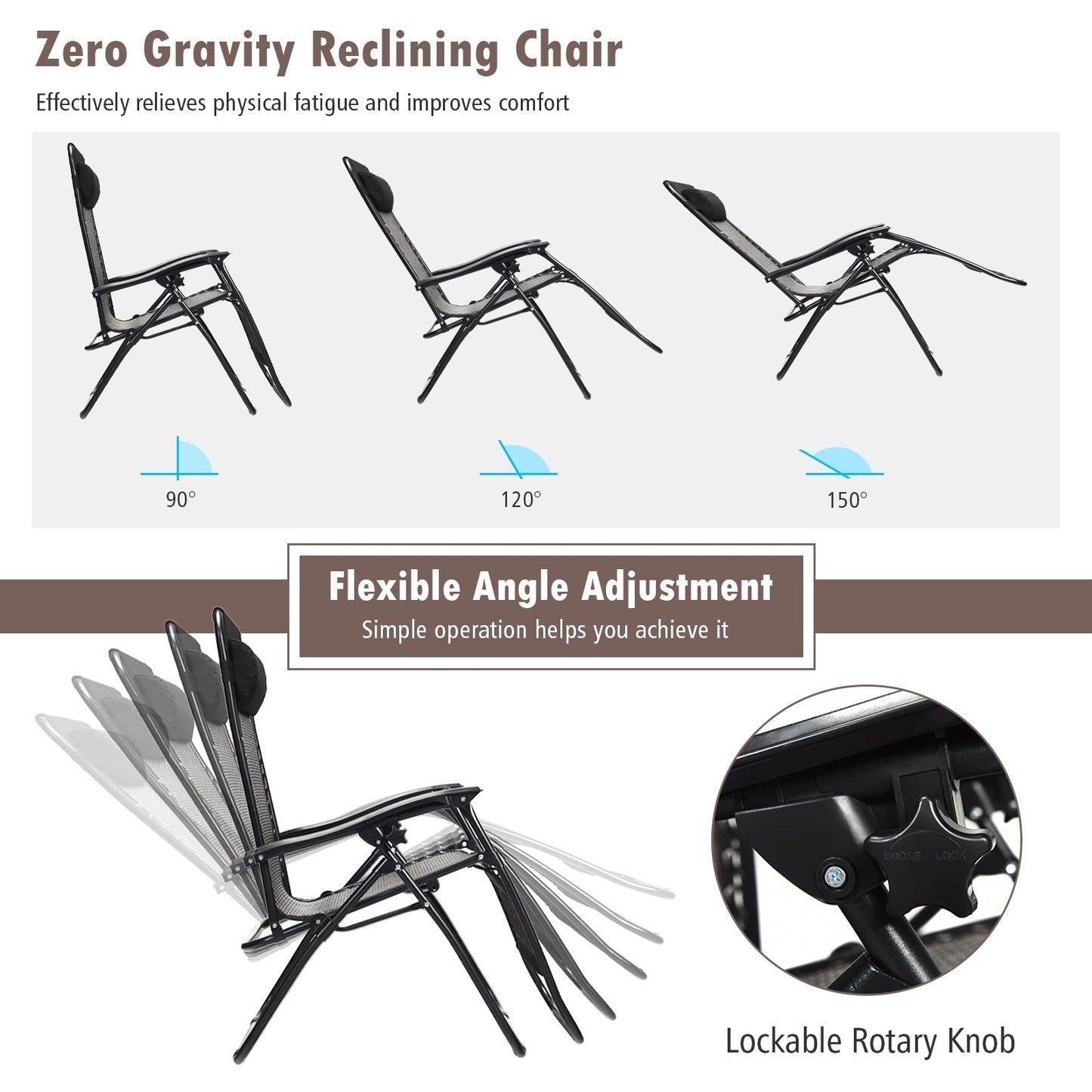 2 Pieces Folding Patio Rattan Zero Gravity Lounge Chair-Brown showcasing reclining angles and lockable rotary knob.