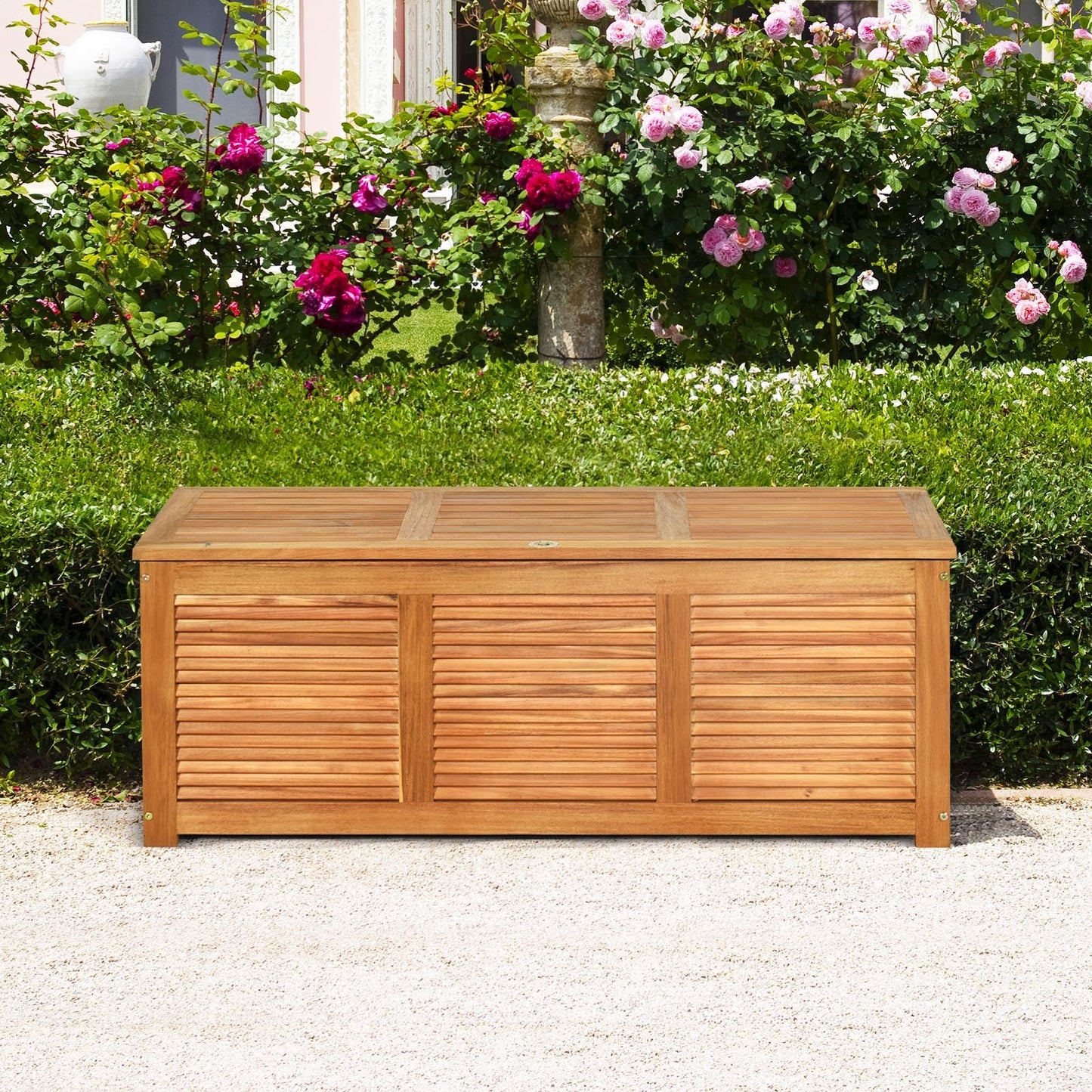 46 Gallon Acacia Wood Storage Bench Box for Patio Garden Deck with flip-top lid and large storage space