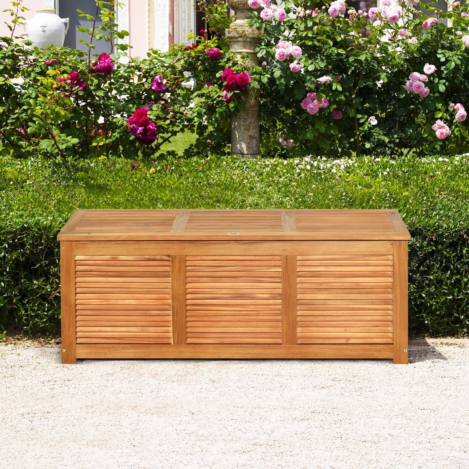 46 Gallon Acacia Wood Storage Bench Box for Patio Garden Deck with flip-top lid and large storage space