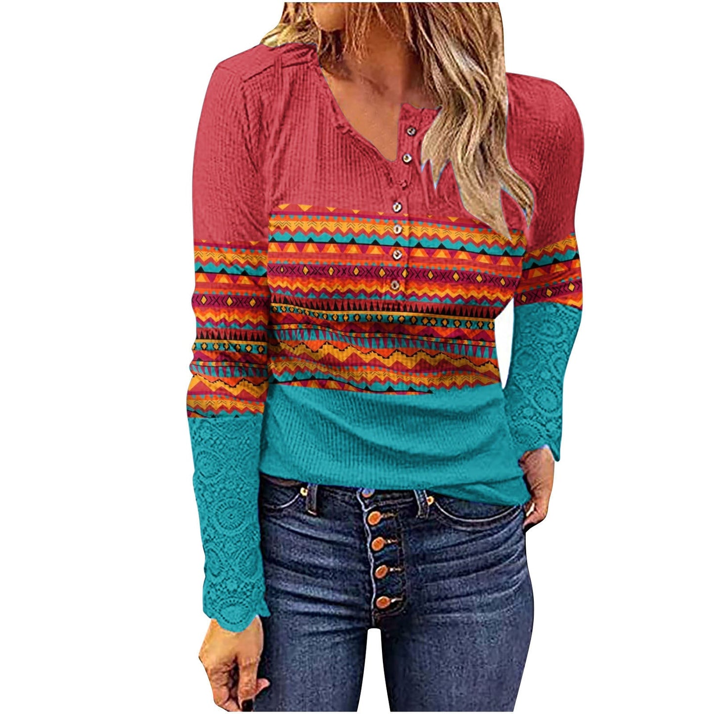 Woman wearing Desert Sunset Cowgirl Knit Top with geometric patterns and buttons, styled in a boho-inspired, colorful design.