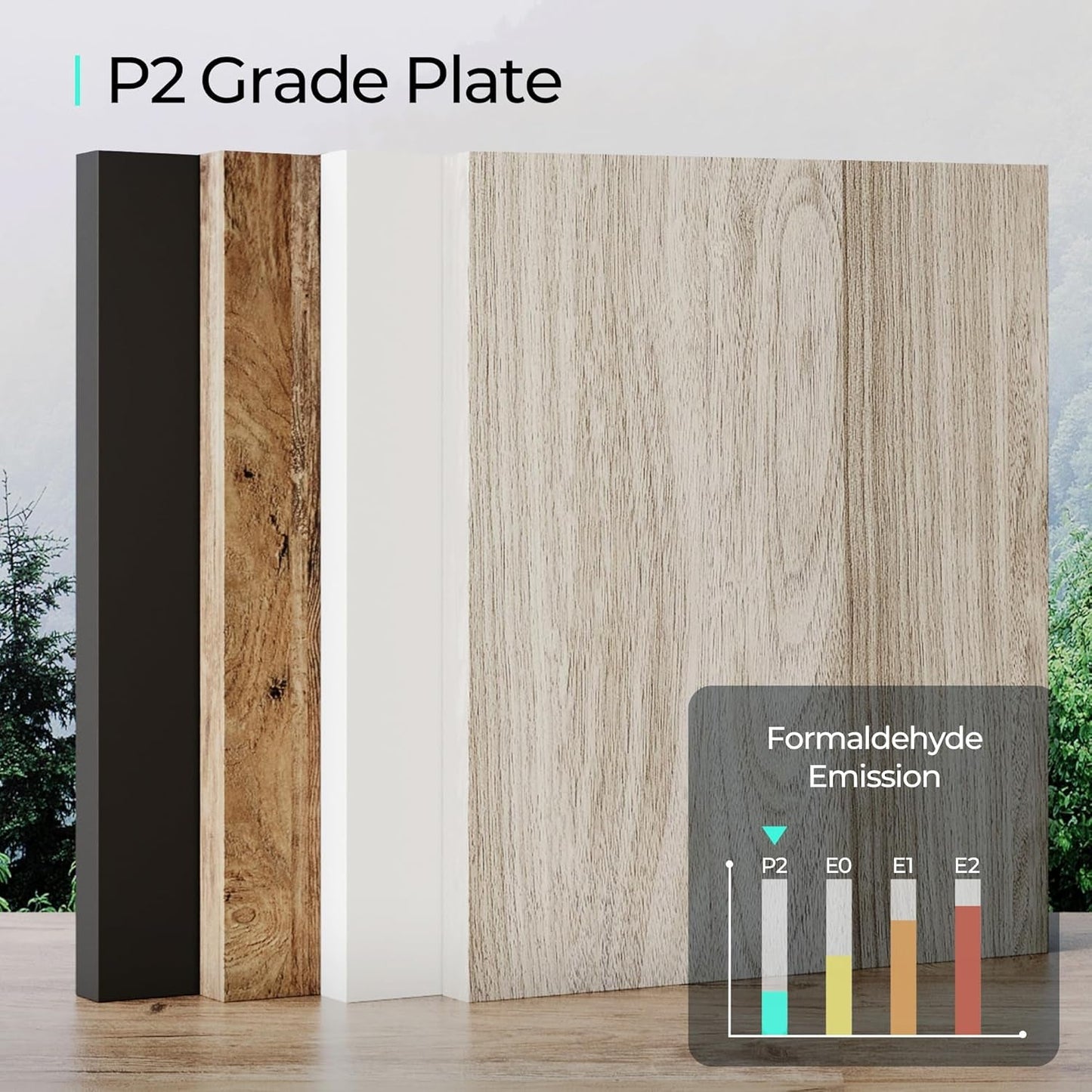 P2 grade plate showing formaldehyde emission levels with various wood finishes.