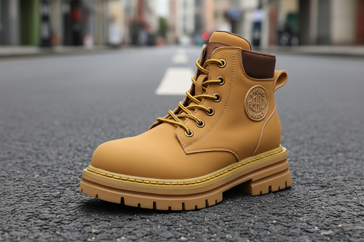 Women’s Genuine Leather Martin Boots with thick sole on urban street