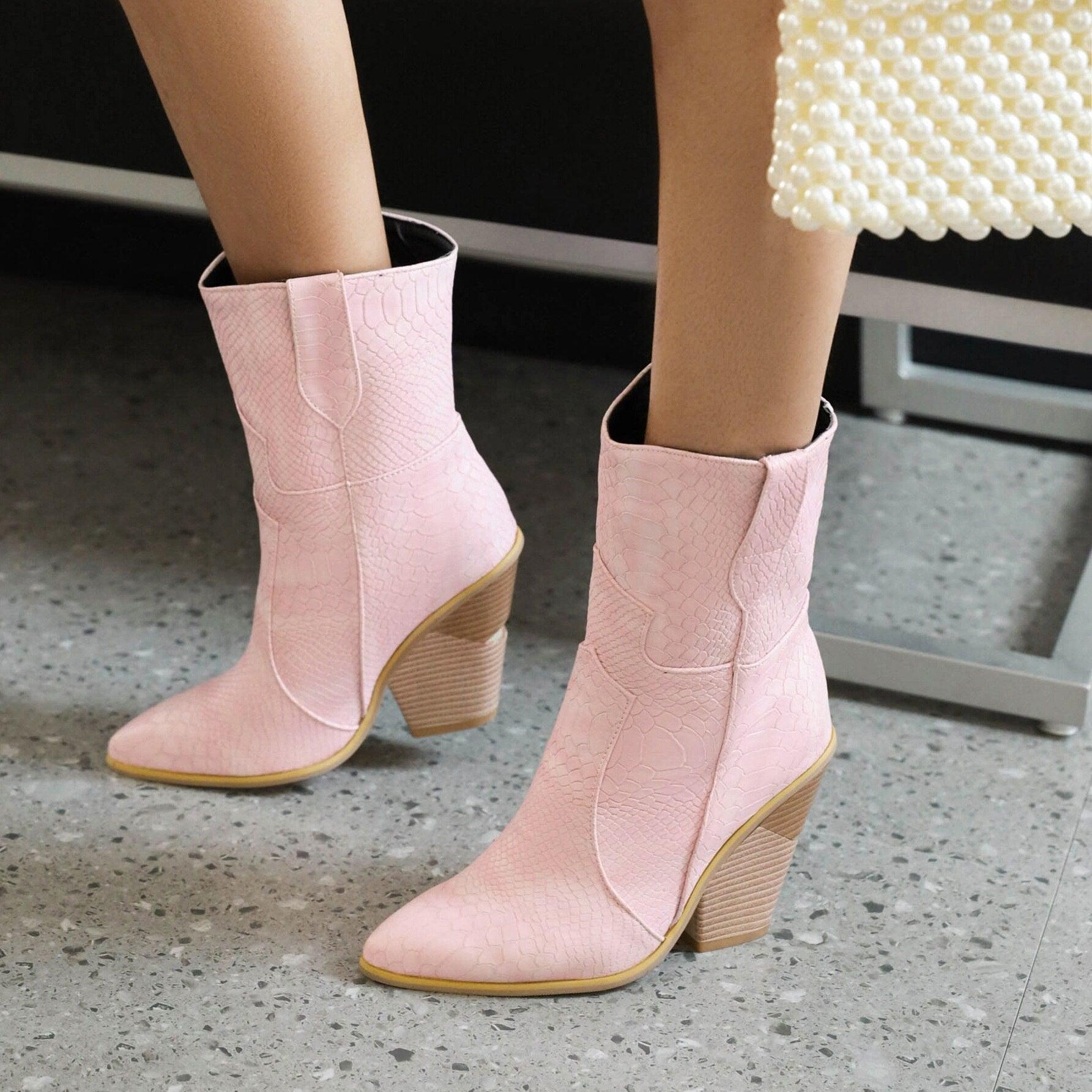Cowgirl Chic High Heel Ankle Boots - Trendy Denim and Leather Boots for Women, stylish pink design with wooden heel.