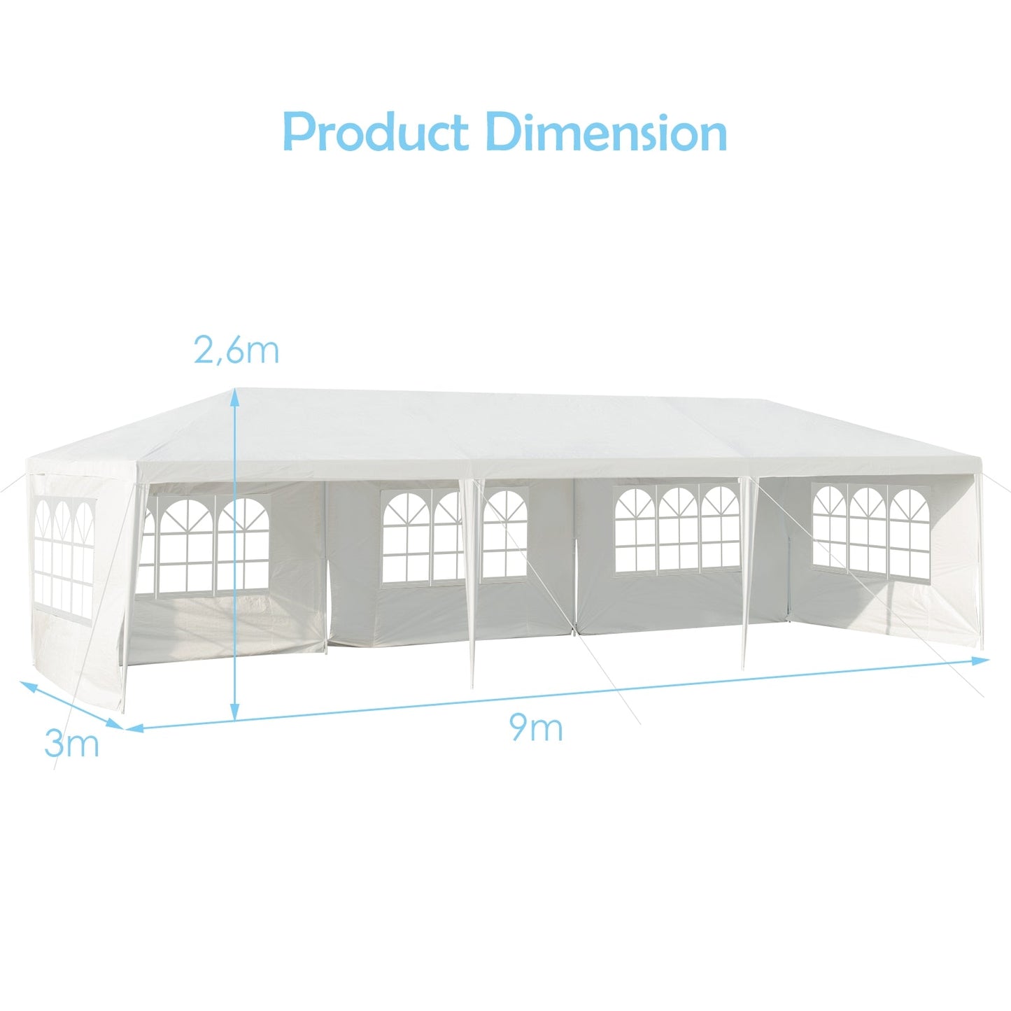 10 x 30 Feet Canopy Tent with 5 Removable Sidewalls for Party Wedding, showing dimensions in meters, suitable for large gatherings.