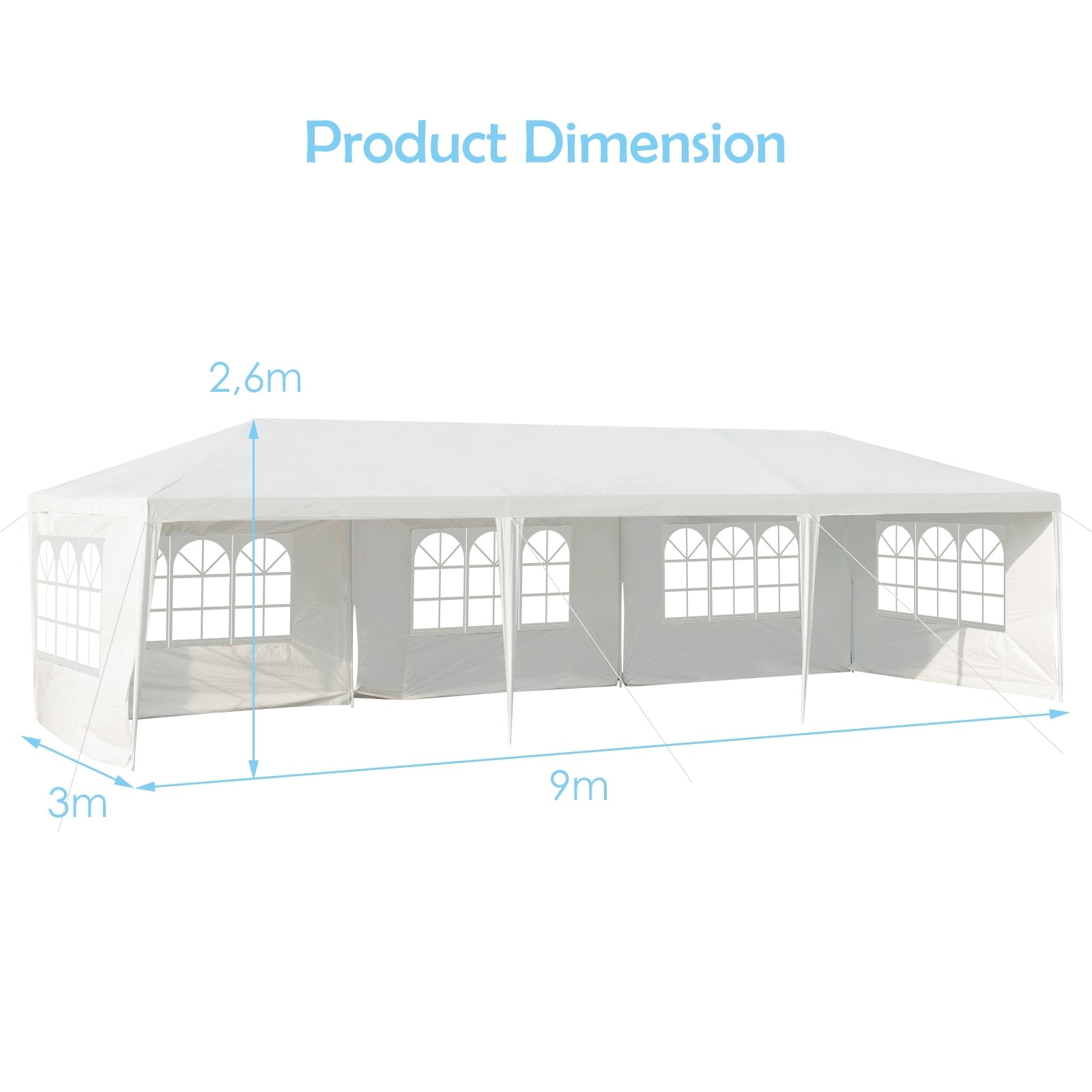 10 x 30 Feet Canopy Tent with 5 Removable Sidewalls for Party Wedding, showing dimensions in meters, suitable for large gatherings.