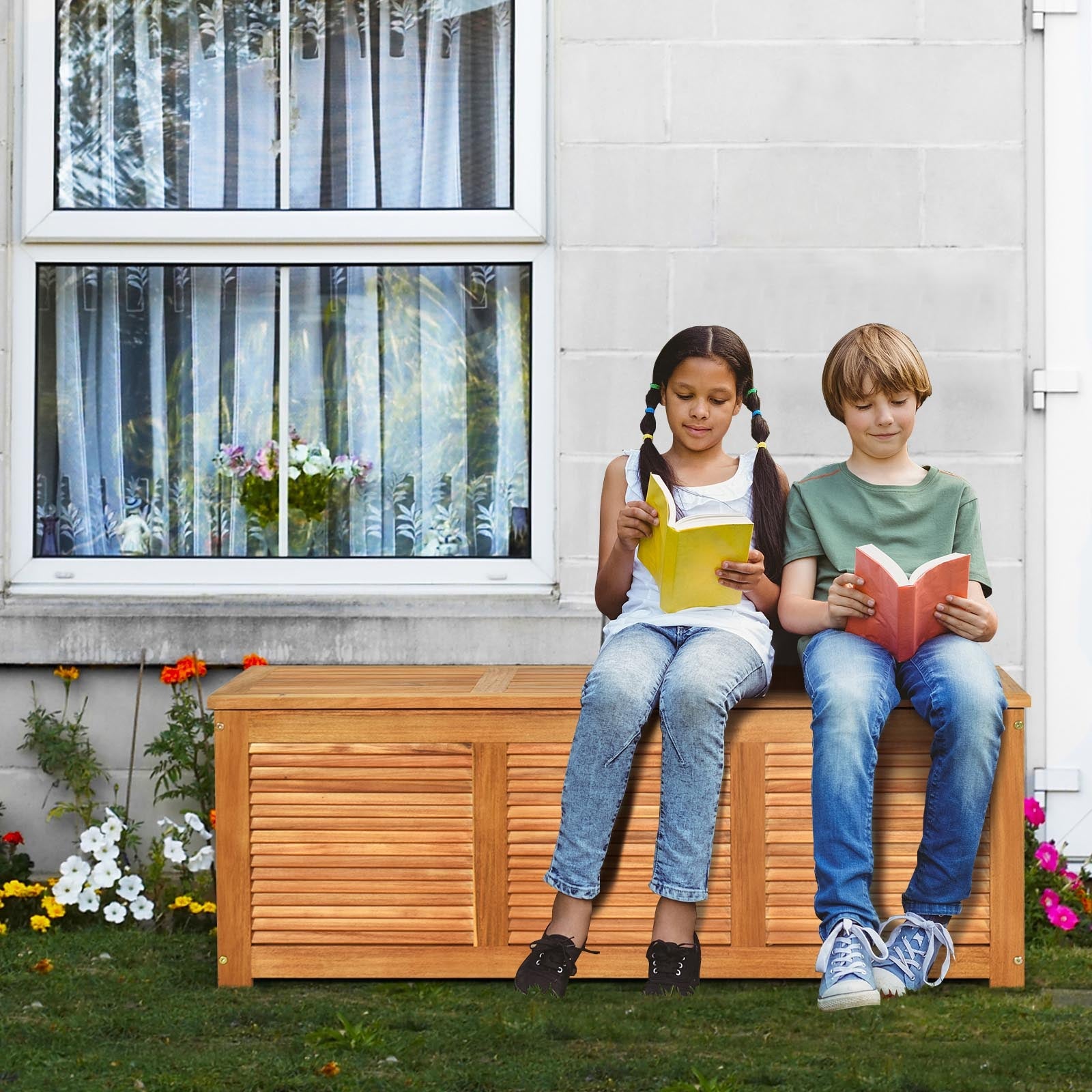 Child reading on 46 Gallon Acacia Wood Storage Bench Box for Patio Garden Deck near a window