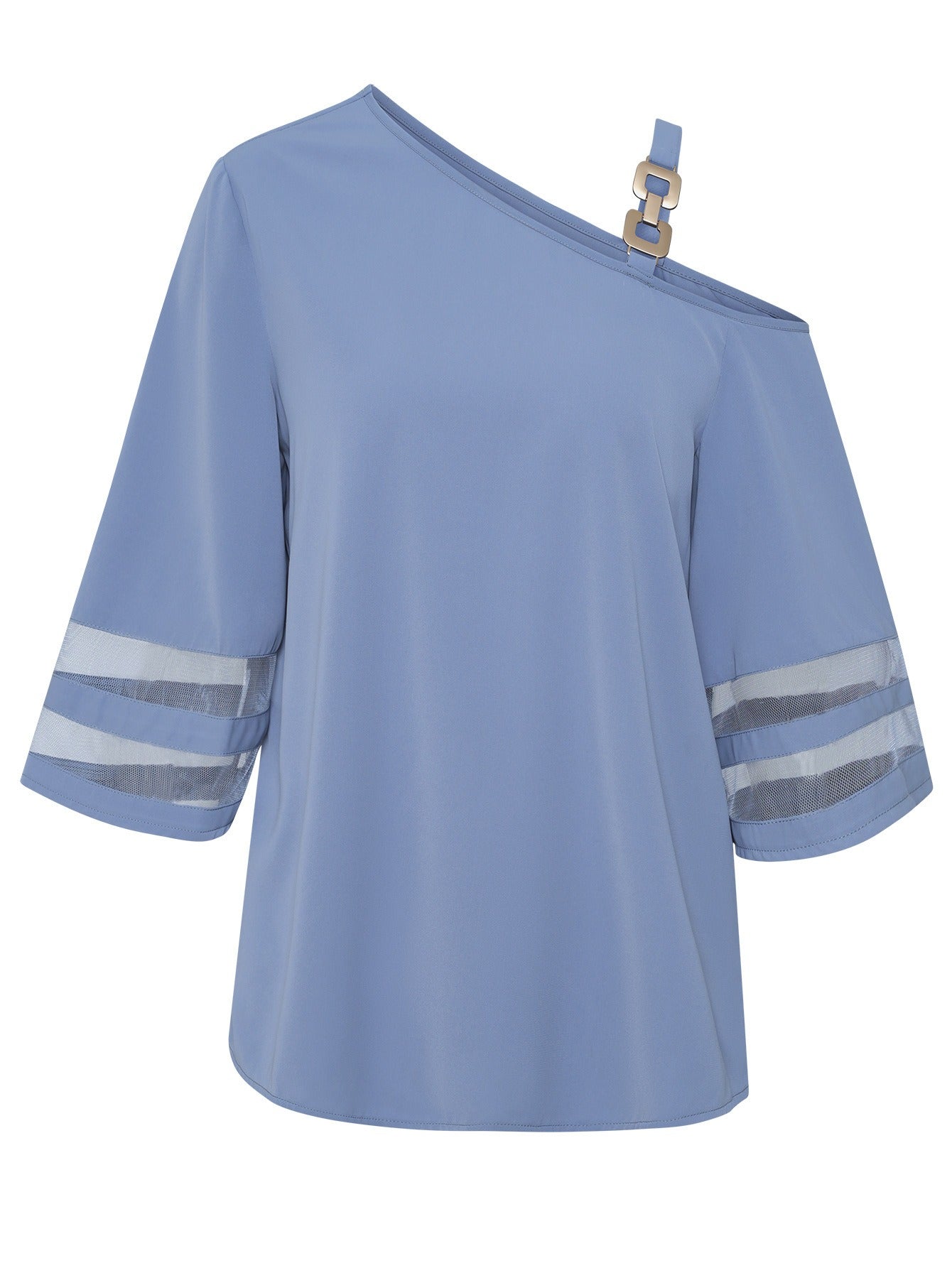 Western Chic One Shoulder Blouse with oblique collar and flared sleeves, blue polyester fabric for style and comfort