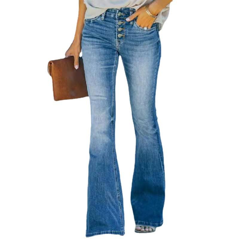 High Waist Designer Stretch Jeans – Trendy Flared Denim for Cowgirls with button fly and distressed blue fabric.