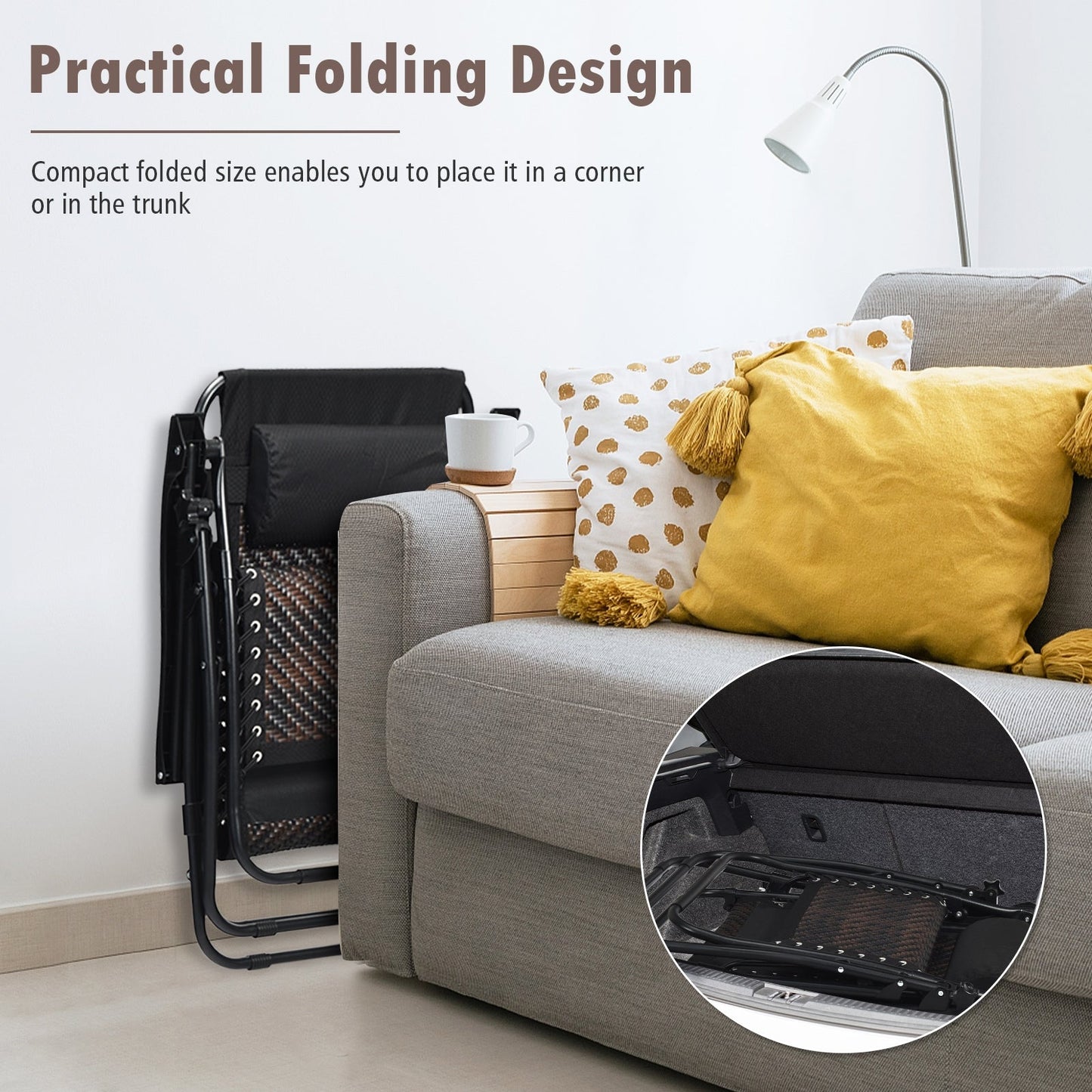 2 Pieces Folding Patio Rattan Zero Gravity Lounge Chair-Brown folded next to a sofa, showcasing compact design.