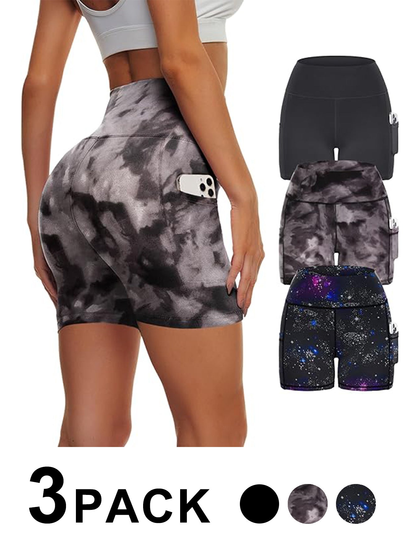 High Waisted Yoga Leggings 3 Pack – Tie-Dye Starry Sky Workout Pants in three styles including black, tie-dye, and starry sky prints.