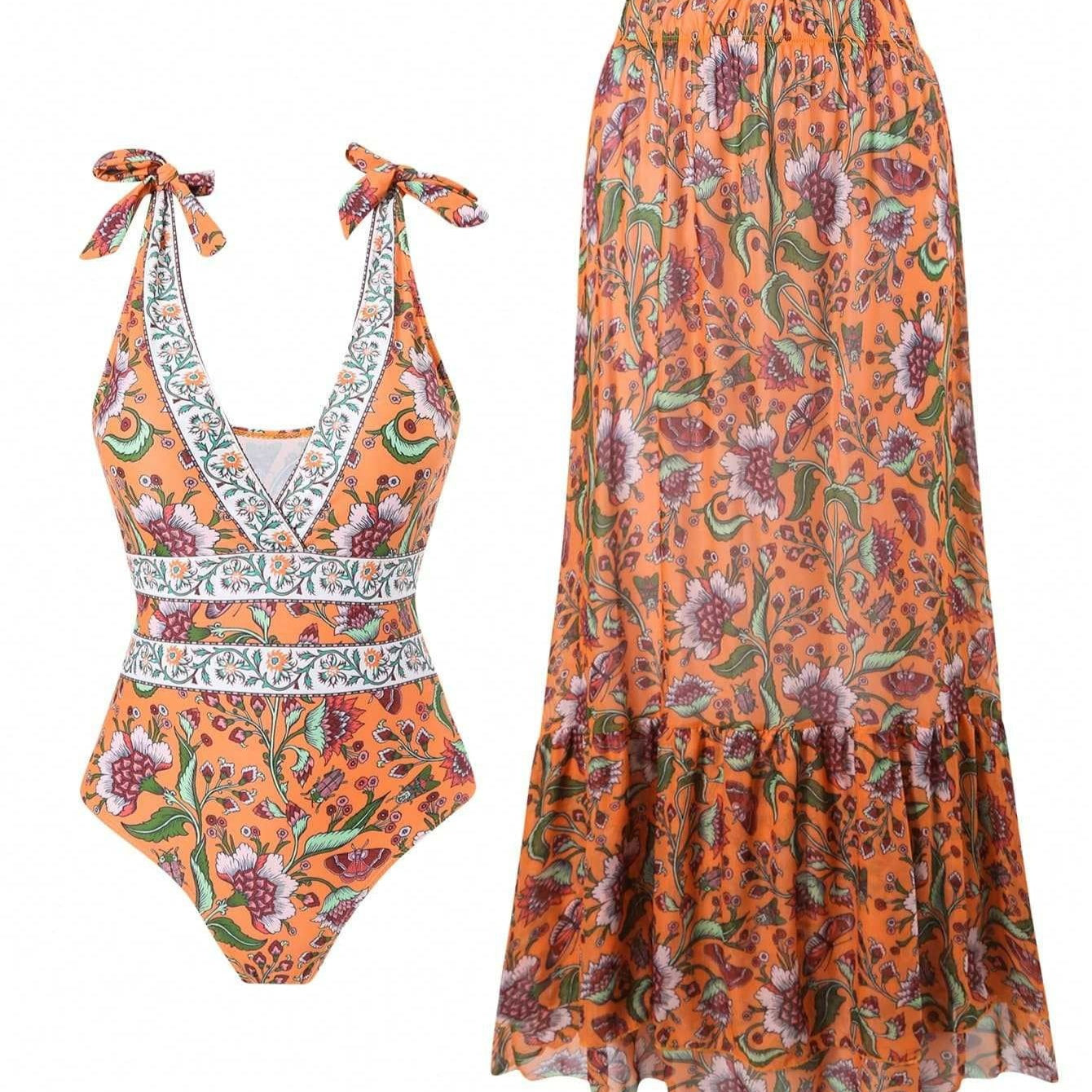 Ethnic Style One-piece Swimsuit For Women Beach Suit with tribal-inspired floral print and matching skirt ensemble