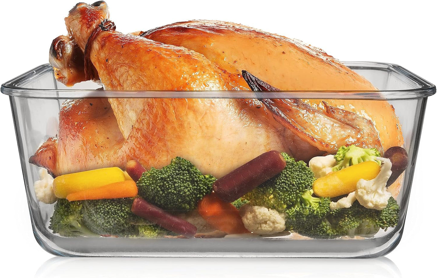 6500 ML / 220 Oz / 28 Cup LARGE Glass Food Storage Container with Airtight Locking Lid filled with roasted turkey and vegetables