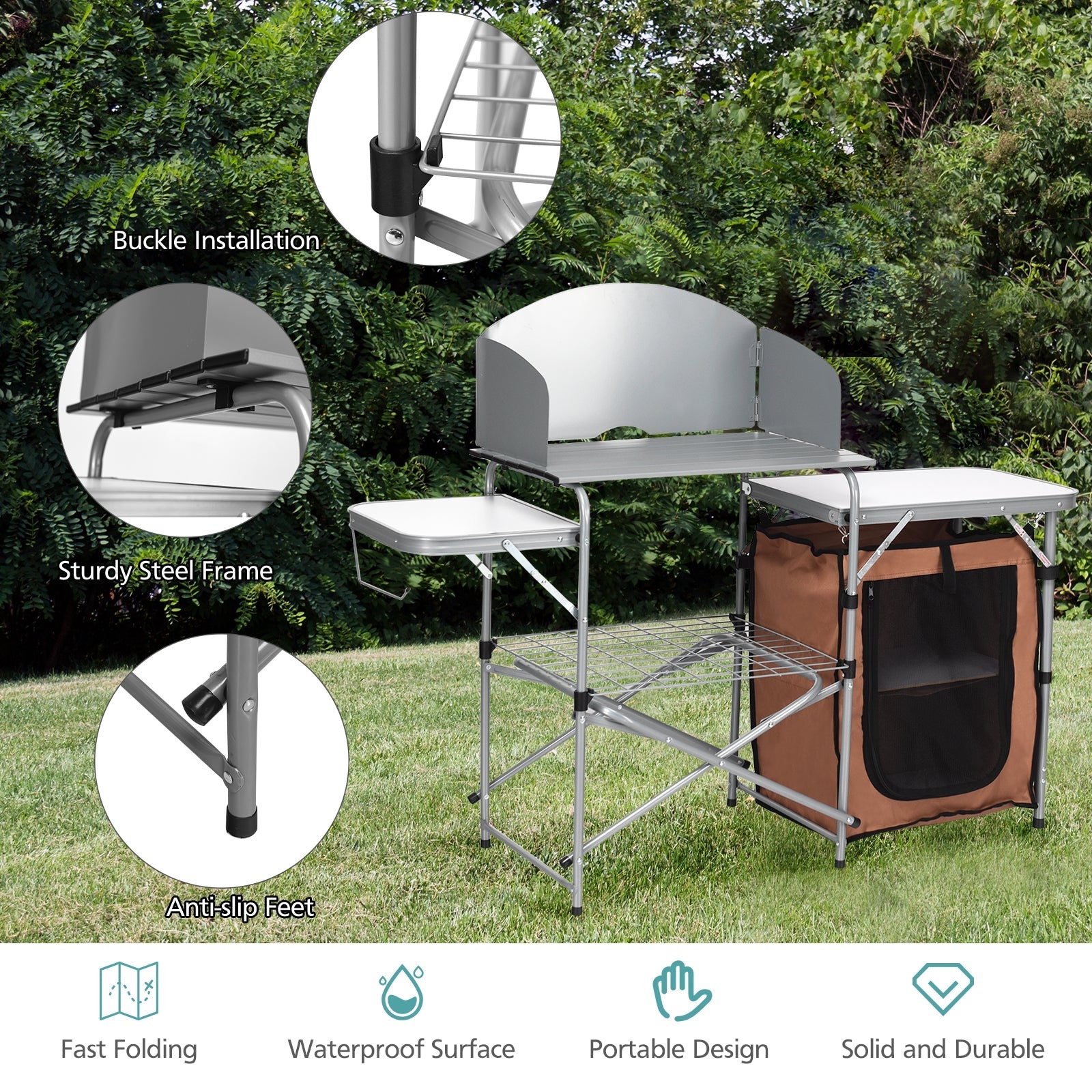 Foldable Outdoor BBQ Portable Grilling Table With Windscreen Bag features sturdy design with side tables and zippered storage bag
