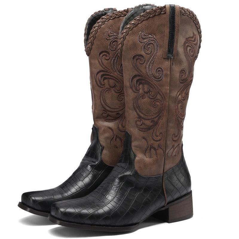 Rustic Western Braided Boots – Retro Cowboy Style with Snakeskin Detailing, featuring intricate stitching and round toe design.