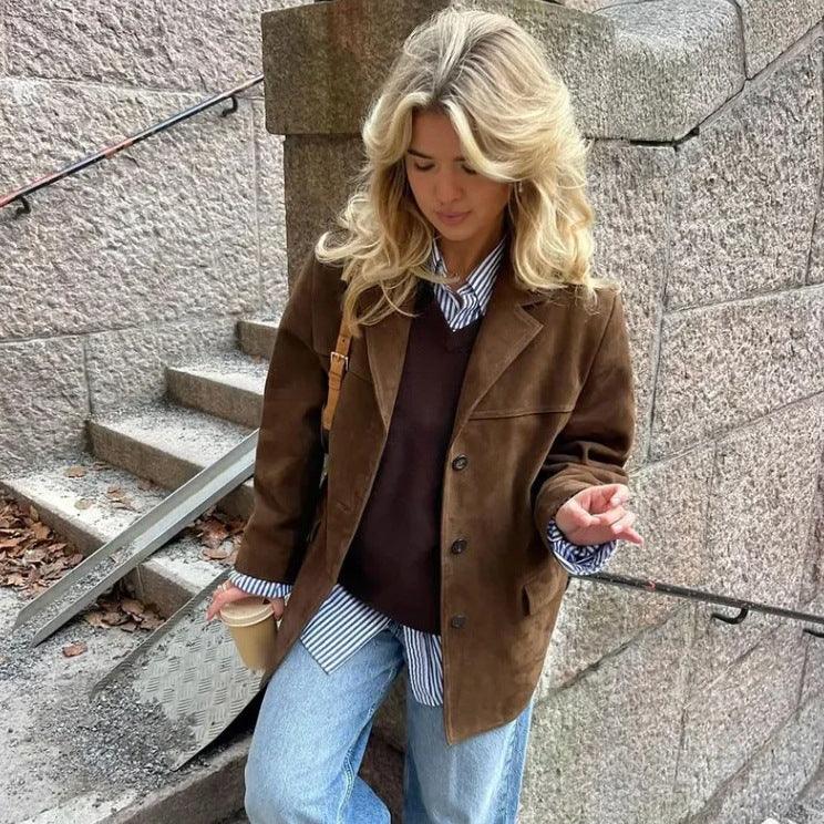 Timeless Suede Princess Jacket - Chic Mocha and Latte Retro Jacket for Women with flip collar and front pockets