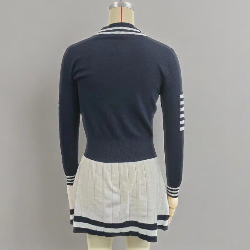 Back view of Women's Long Sleeve Sweater Dress with color block design and A-line mini silhouette