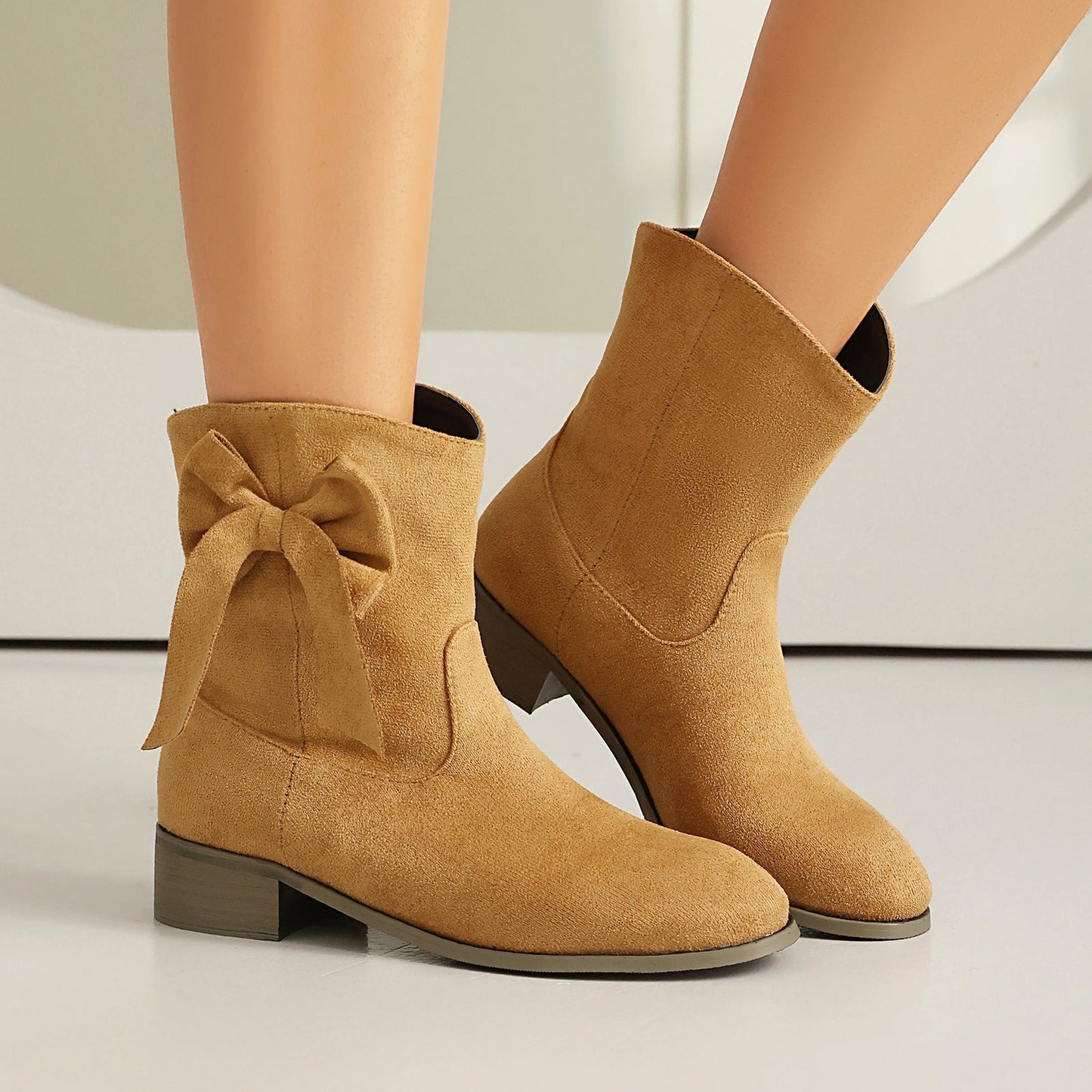 Low Heel Suede Large Size Sweet Bow Casual Boots in tan with bow accent and low square heels for stylish comfort.