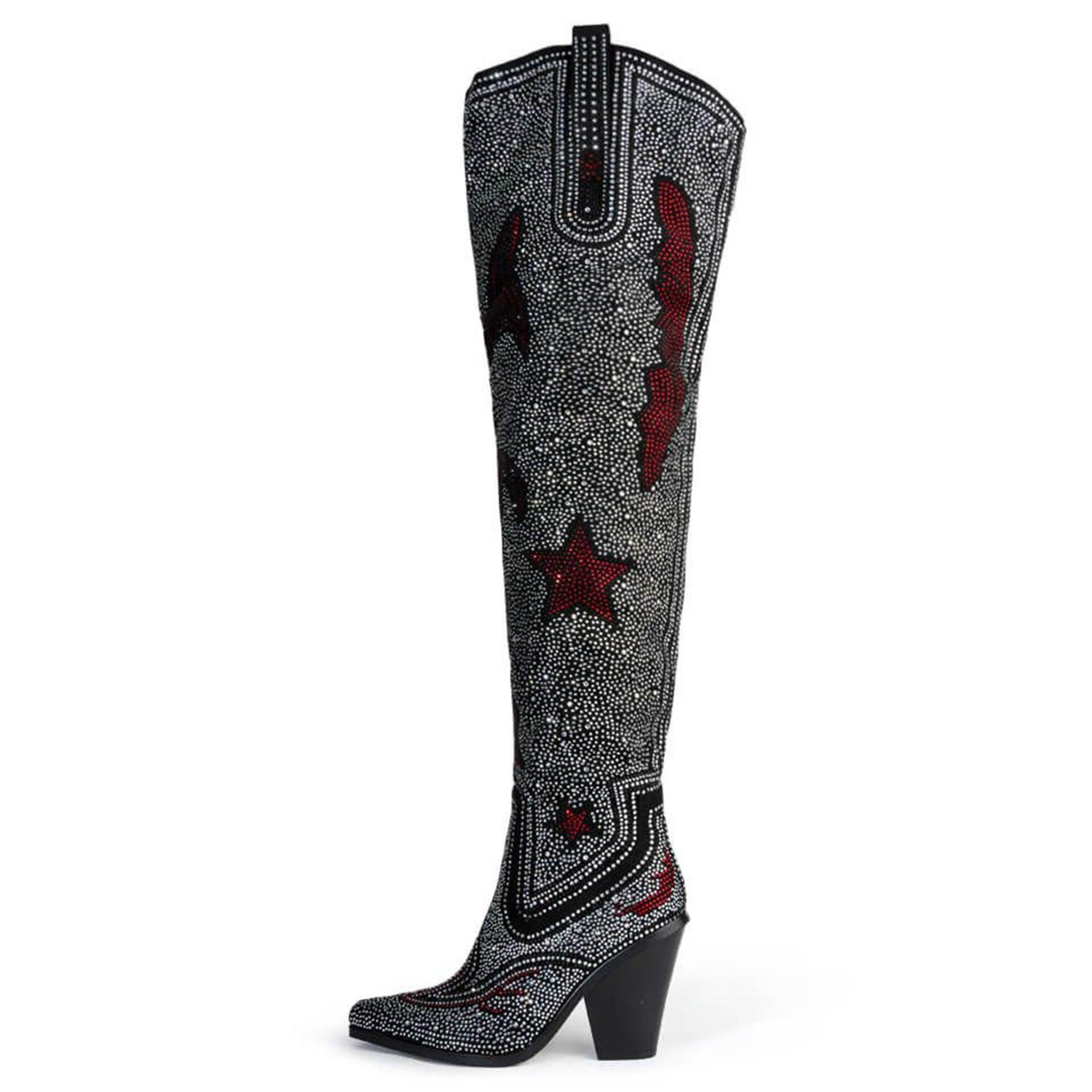 Crystal Luxe Rhinestone Boots featuring tall black design with silver rhinestones and red star accents, perfect for a stylish statement.