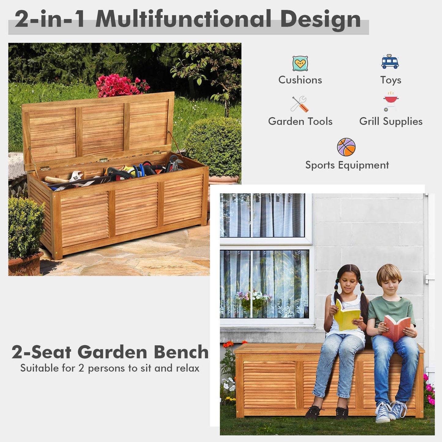 46 Gallon Acacia Wood Storage Bench Box for Patio Garden Deck with flip-top lid, large storage space, and 2-seat multifunctional design.