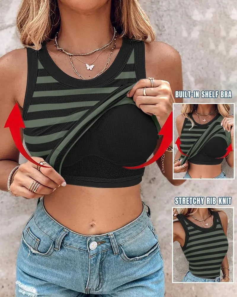 Woman wearing Women's Slim Striped Vest with Bralette – Chic Sleeveless Tank Top showing built-in shelf bra and stretchy rib knit.