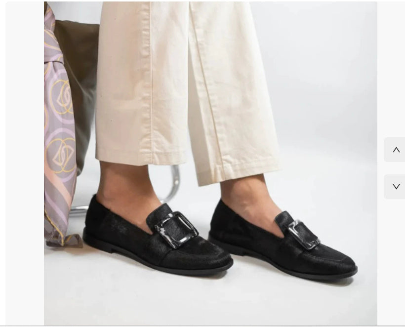 Vintage Square-Button Low-Cut Loafers — Women’s Elegant Slip-On Shoes in black worn with white pants
